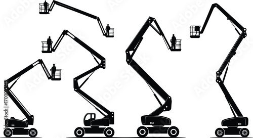 Boom lift silhouettes, cherry picker, aerial work platform, construction equipment, industrial machinery, articulated arm, maintenance lift, safety platform, elevated work, heavy duty