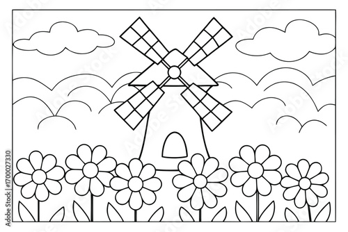 Coloring page of a windmill with four blades surrounded by flowers and clouds agriculture farm