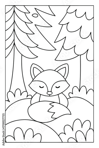 Cute cartoon fox sleeping peacefully in a forest surrounded by trees and bushes for coloring animal