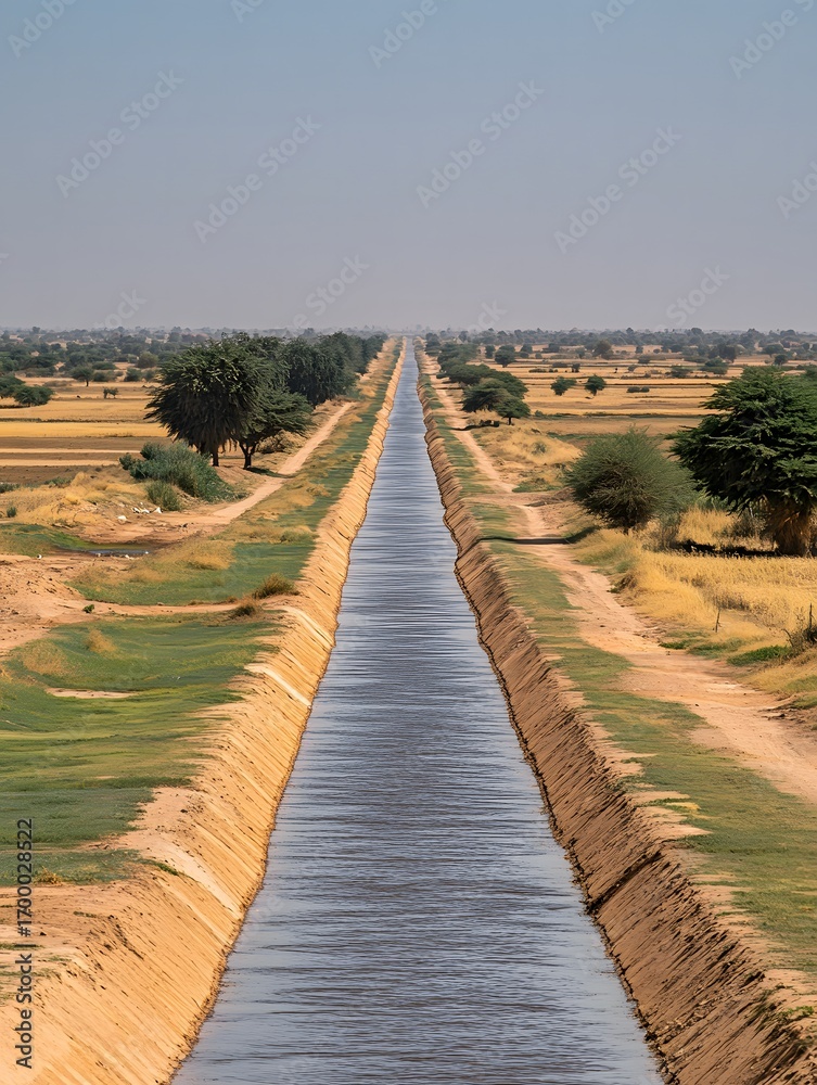 Fototapeta premium Tranquil Canal Flows Through Arid Landscape Under a Clear, Serene Sky