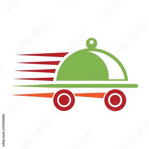 Green food cloche on wheels with red and orange motion lines delivery dish