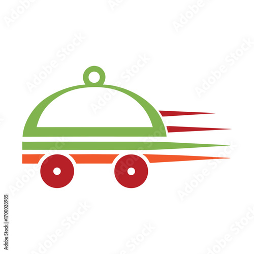 Green and orange food cloche on wheels with red motion lines delivery fast