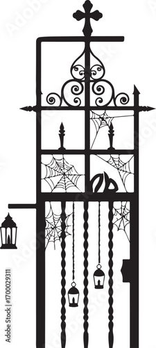 Black silhouette of ornate gothic gate with cross spiderwebs and lanterns ornate gate gothic architecture