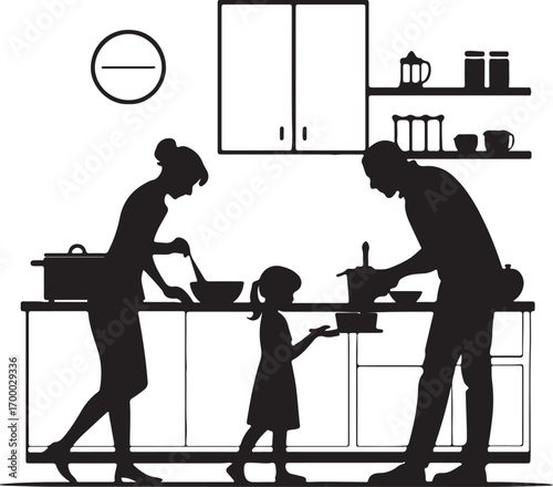 Silhouette family cooking together in a kitchen with cabinets and shelves father