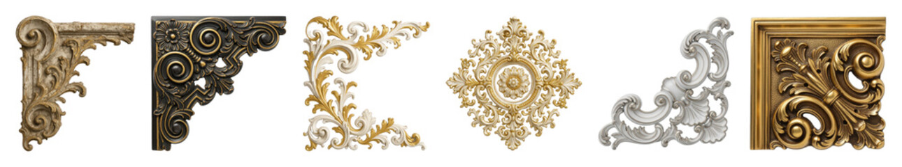 Ornate decorative elements set including baroque gold, bronze, and white corners plus a central medallion isolated. Luxury design details.