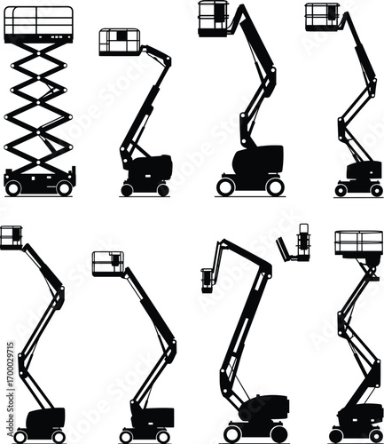 Scissor lift, articulated boom lift, cherry picker, aerial work platform, construction equipment, industrial machinery, maintenance lift, safety platform, elevated work, hydraulic arm