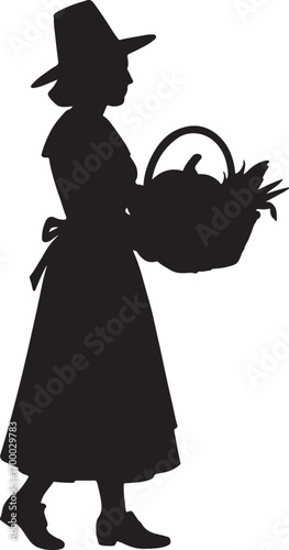 Silhouette of a woman in pilgrim attire carrying a basket of harvest produce dress