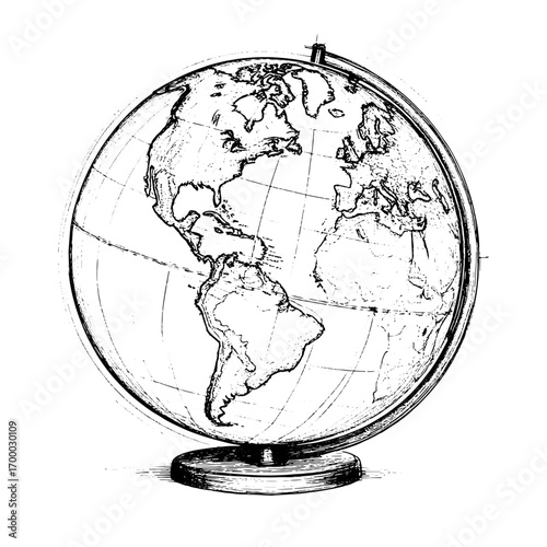 School globe, black and white sketch. Vector illustration. Educational supplies for a geography lesson, isolated on a white background.