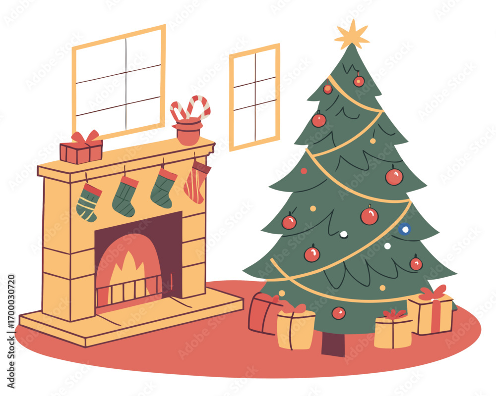 Fototapeta premium Cozy living room with fireplace, Christmas stockings hanging, decorated tree with gifts, warm winter home vector illustration