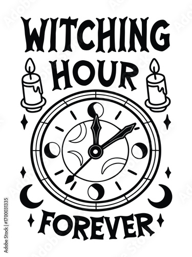 Inside the Cracked Watch Face With Candles and Crescent, Surreal Clock Illustration, Dark Gothic Vector Art, Creative Time Design
