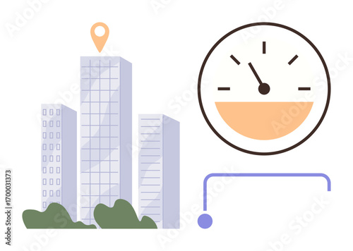 Tall modern buildings with trees, pinpointing location and a gauge tracking metrics or progress. Ideal for business management, urban planning, navigation, location services, organization