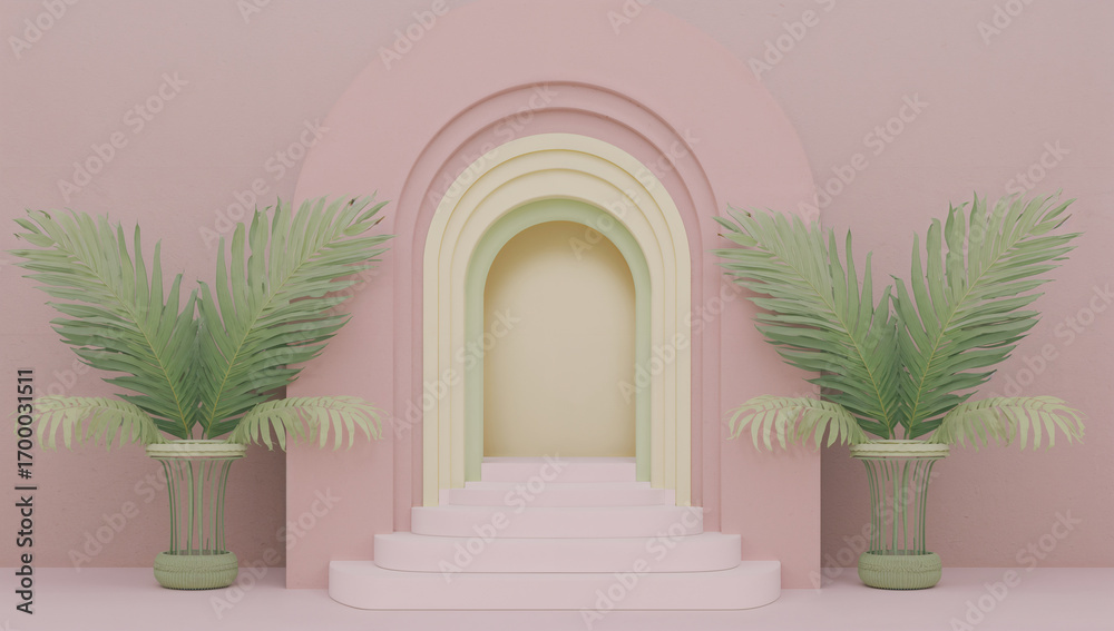 Fototapeta premium Pastel archway with palm fronds and steps pink