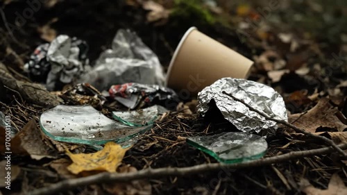 Litter and Broken Bottle Glass Discarded Among Fallen Autumn Leaves in a Forest Environment on a Daytime