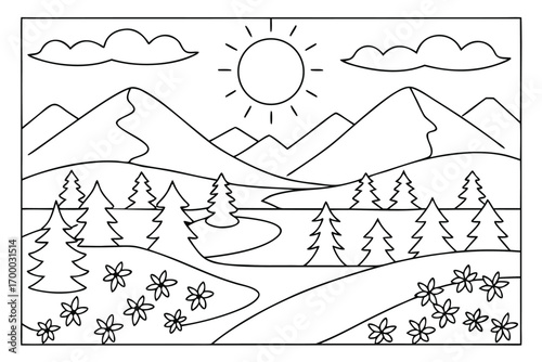 Mountain landscape with sun river and flowers coloring page mountains stream