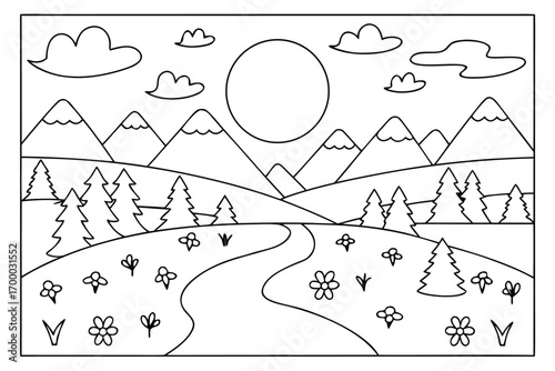 Mountain landscape with sun river and flowers coloring page mountains stream