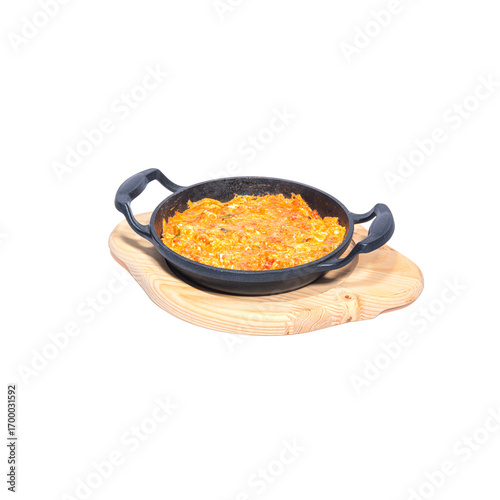 Shakshuka (menemen) eggs with tomato sauce for Turkish breakfast. Isolated on white background.Fried egg. Fried egg in a pan. Isolated on white background.