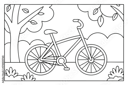 Outline drawing of a bicycle parked outdoors with trees and foliage bike illustration