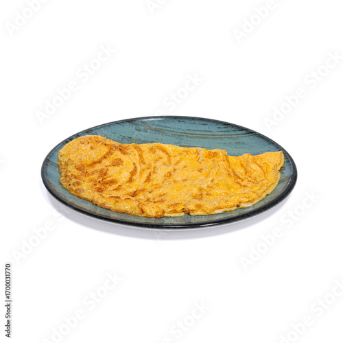 Omelette served on a plate. Omelette on a white background. Omelette for breakfast.