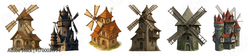 Fantasy windmill set including medieval, rustic, stone, and wooden architectural styles isolated. Game design and world building elements.