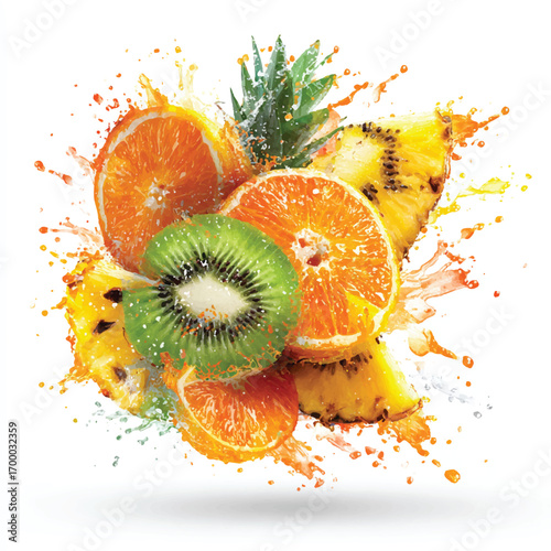 Burst of Flavor Tropical Fruit Explosion with Orange Kiwi and Pineapple Watercolor Painting