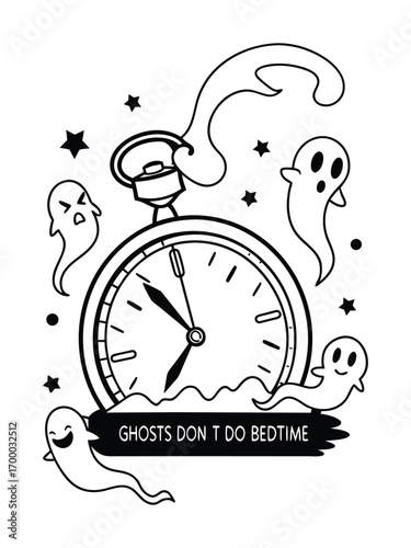 A Cracked Pocket Watch With Tiny Sheets of Ghostly Spirits, Spooky Halloween Illustration, Creepy Vintage Clock Art, Dark Vector Design