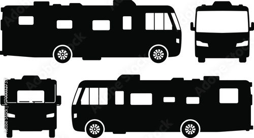 Recreational, vehicle, RV, motorhome, camper, van, travel, transport, tourism, holiday, vacation, silhouette, black, icon, side, view, front, view, road, trip