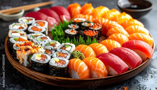 araffy sushi platter with various types of sushi and other foods