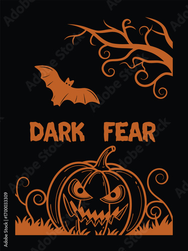 Scary Monochrome Artwork of Creepy Pumpkin, Halloween T-Shirt Design, Spooky Vector Illustration, Horror Graphic Tee