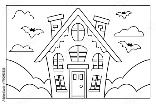 Outline drawing of a haunted house with bats and clouds spooky Halloween