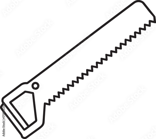 A minimalist black and white illustration of a classic hand saw with a wooden handle and serrated metal blade