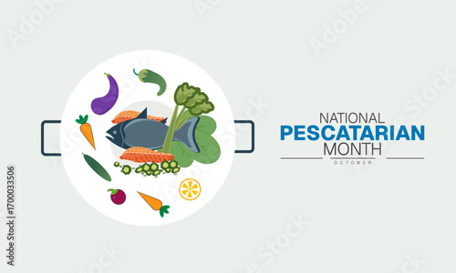 National Pescatarian Month Poster Banner and Background Abstract Design Template with Seafood and Healthy Food Illustration for Nutrition Awareness Cooking Festival and Culinary Campaign

