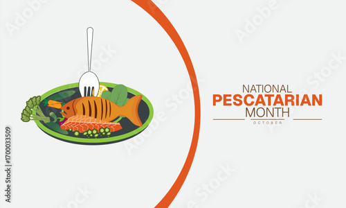 National Pescatarian Month Poster Banner and Background Abstract Design Template with Seafood and Healthy Food Illustration for Nutrition Awareness Cooking Festival and Culinary Campaign

