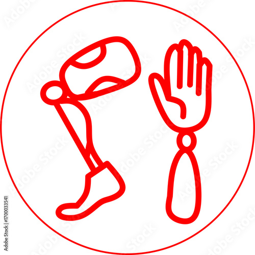 Red icon of prosthetic leg and prosthetic hand, symbolizing bionic limbs, rehabilitation, disability support, healthcare technology, and advanced medical prosthetics