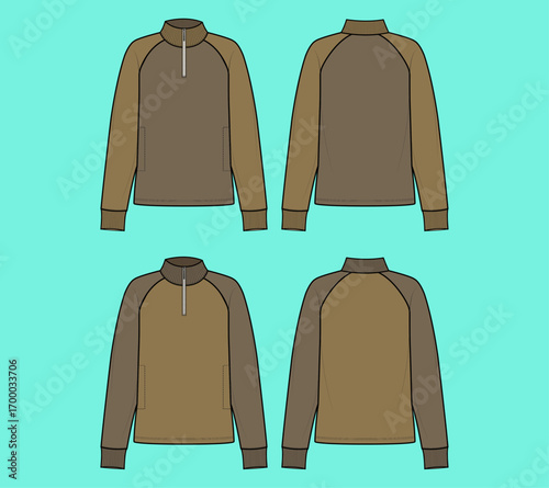 Men's High Neck Half Zipped Raglan Sleeve Sweatshirt Colourway Set Fashion Flat Sketch Template Outline.