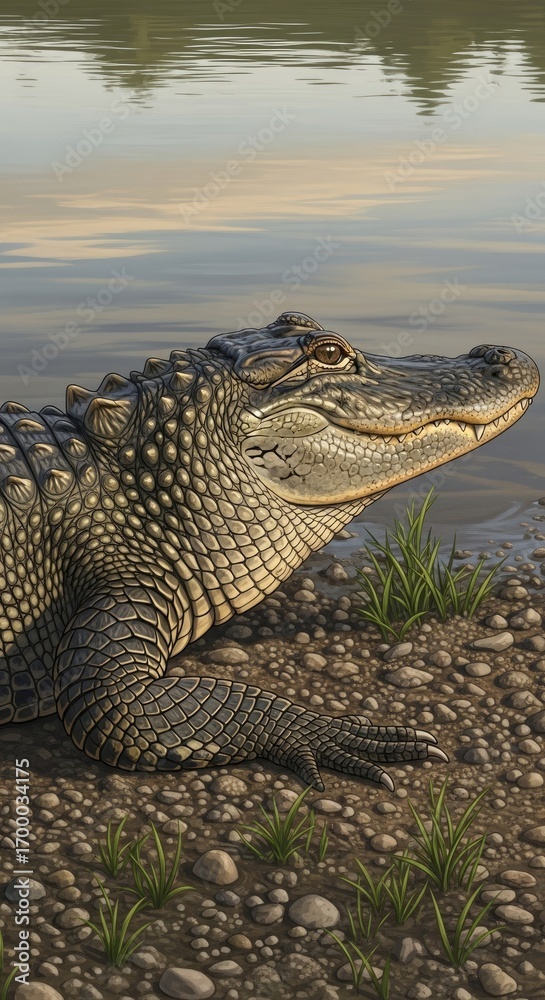Obraz premium Detailed illustration of an American Alligator resting on a rocky riverbank with calm water reflections and green grass, showcasing its scaly texture and serene natural habitat.