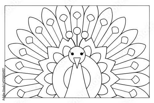 Outline drawing of a peacock with fanned tail feathers and simple facial features bird