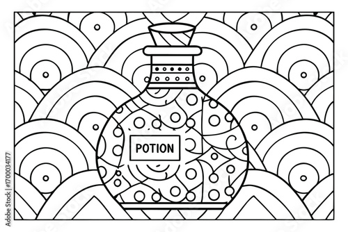 Outline drawing of a potion bottle with the word POTION on a label and a decorative background magic