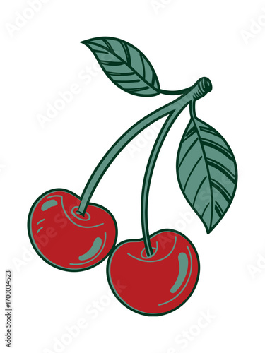 Stylized Cherry Pair Illustration, Two Red Cherries, Minimal Fruit Art, Cute Cherry Design, Modern Vector Illustration