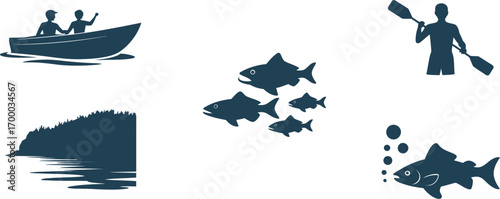 Set of fishing and aquatic activity silhouettes, boat, fish, kayak, and underwater fish vector icons collection for outdoor and nature design
