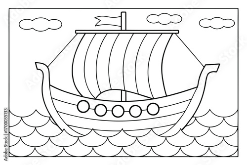 Outline Drawing of a Viking Ship Sailing on Wavy Seas Under a Cloudy Sky for Coloring vector illustration