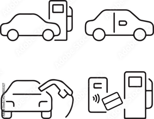 Modern car fueling and payment icons for transportation, travel, and business concepts