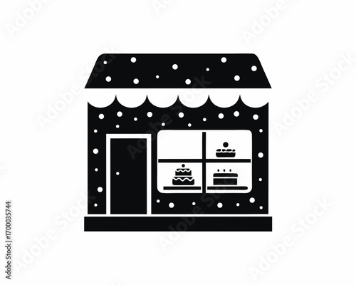 Cozy bakery shop in snowy street,  cakes and cookies, silhouette vector illustration 