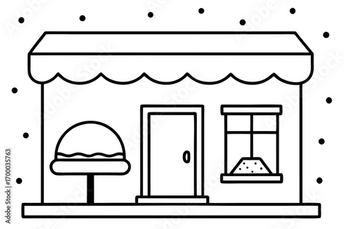 line art Cozy bakery shop in snowy street,  cakes and cookies, silhouette vector illustration 