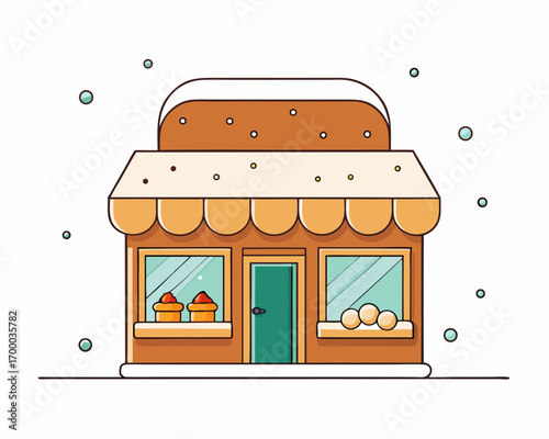 Cozy bakery shop in snowy street,  cakes and cookies, vector illustration 