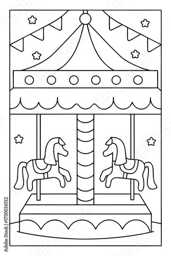 Outline illustration of a carousel with two horses and festive bunting amusement park ride