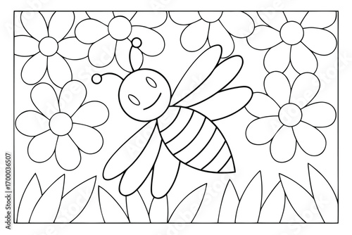 Outline illustration of a smiling bee flying among flowers and grass for coloring page cartoon