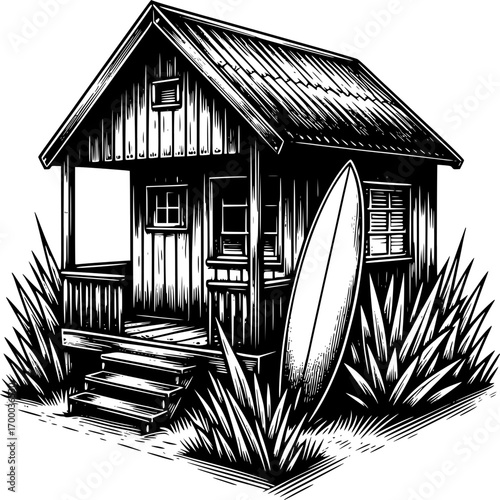 Coastal Cabin Retreat: A detailed illustration showcases a quaint cabin on the coast, with a surfboard leaned against its side, invoking a sense of seaside peace and adventure.