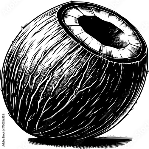 Tropical Coconut in Monochrome: A monochrome close-up image of a cracked coconut, revealing the fresh, white flesh inside, evoking a sense of tropical delight and natural refreshment.