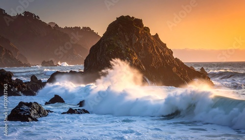 Dramatic sunset over crashing waves