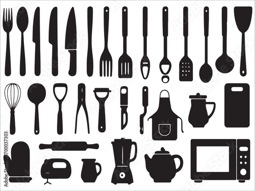 Kitchen utensils and cutlery tools icon set illustration